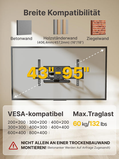 monTEK TV Wandhalterung – Schwenkbar, Neigbar, 43-95 Zoll bis 60kg