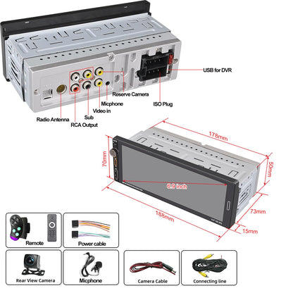 Alondy Autoradio 1Din - 6.9" Bildschirm Wireless CarPlay Android Auto