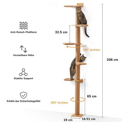 FUKUMARU Kratzbaum Deckenhoch Wandmontage – 206cm Gummibaumholz