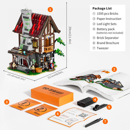 FUNWHOLE Medieval Forge Bausteine Set – 1595 Teile, mit LED Licht