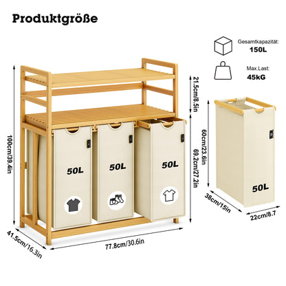 AdelDream Wäschesortierer 150 l mit 3 Fächern, Bambusrahmen, Beige