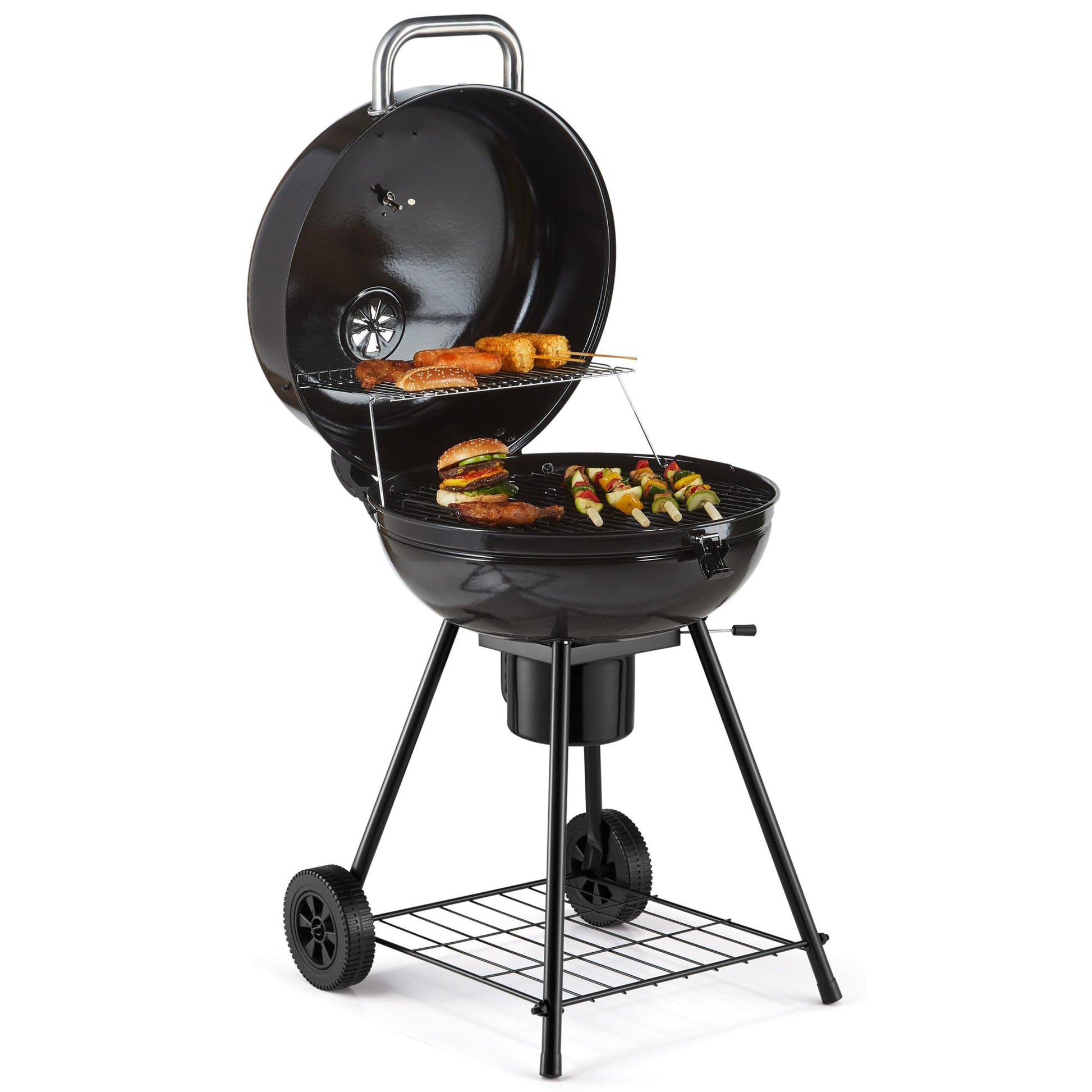 VonHaus Kettle Holzkohlegrill, Kugelgrill 53,5 cm mit Warmhalterost, abschliessbarem Deckel und Rädern