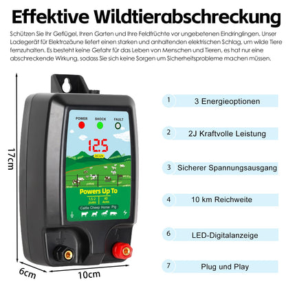 Warmfay Weidezaungerät 12V Elektrozaungerät – 2J Leistung, 10 km Reichweite
