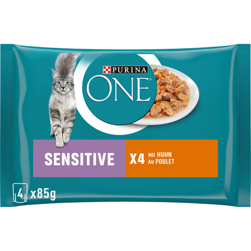 PURINA ONE Sensitive Katzenfutter Nass mit Huhn, 12er Pack in Portionsbeuteln