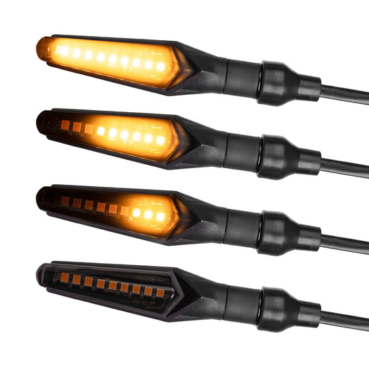 Simda Pro LED Motorrad Miniblinker – universal 4 Stk. Lauflicht E-Mark. Schwarze, kompakte Richtungsanzeiger für Motorräder.