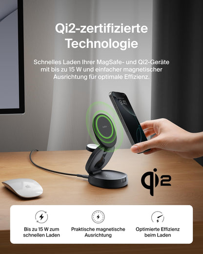 Belkin BoostCharge 3-in-1 Ladestation Qi2 15W MagSafe – Schwarz