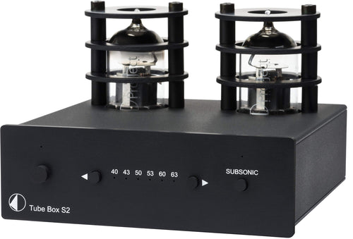 Pro-Ject Tube Box S2 Röhren Phono-Vorverstärker - Schwarz. Schwarze Röhren-Phonovorstufe, verstärkt und entzerrt Plattenspielersignale.
