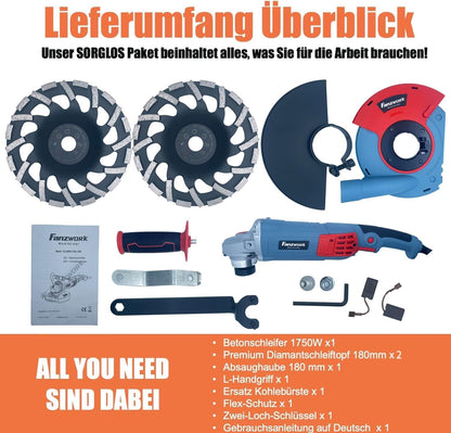 FANZWORK 1750W 180mm Betonschleifer – Komplettset mit Absaugung