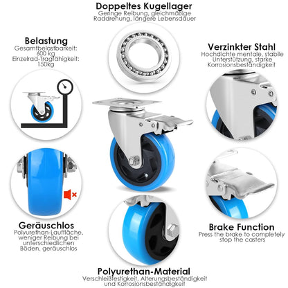 Schwerlast Lenkrollen-Set mit Bremse 100mm - 600kg, 8 Stk.