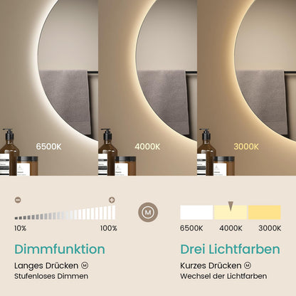 EMKE Runder Badspiegel 80cm Beleuchtet Dimmbar Touch 3 Farben