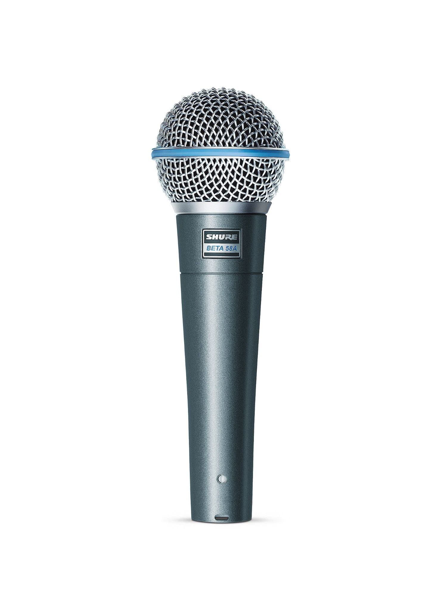 Shure BETA 58A Dynamisches Gesangsmikrofon Bühne Studio. Silbernes Kugelgitter, schwarzer Griff. Für Gesangsperformance.