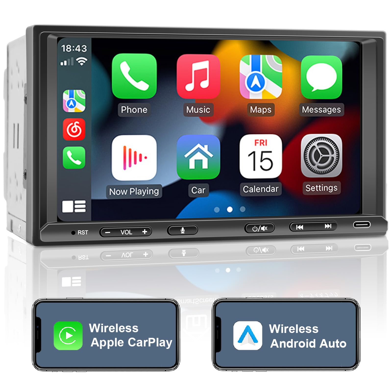 CarPro Doppel Din Android Autoradio - 7 Zoll Wireless CarPlay. Schwarzes, rechteckiges Display. Ermöglicht Infotainment und Navigation im Auto.