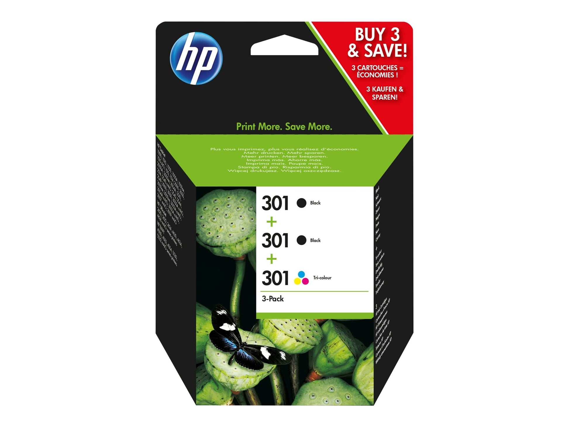 HP 301 Tri-Pack Tintenpatrone - Schwarz/Farbe Original. Set aus drei Patronen für HP Drucker zum Text- und Farbdruck.