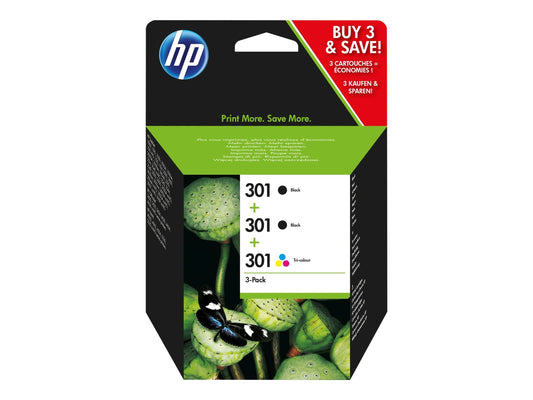 HP 301 Tri-Pack Tintenpatrone - Schwarz/Farbe Original. Set aus drei Patronen für HP Drucker zum Text- und Farbdruck.