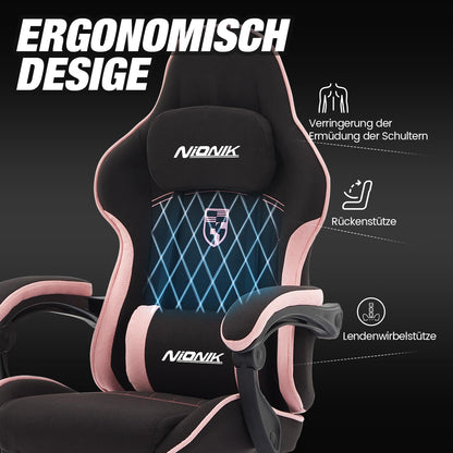 NIONIK Gaming Stuhl Racing Ergonomisch mit Fussstütze – Blackpink