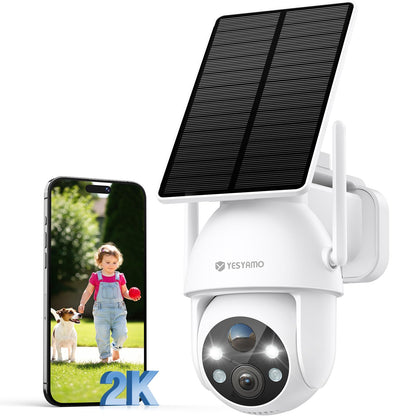 YESYAMO 2K Überwachungskamera Aussen, Akku Solar, Farbnachtsicht in Weiss mit Solarpanel