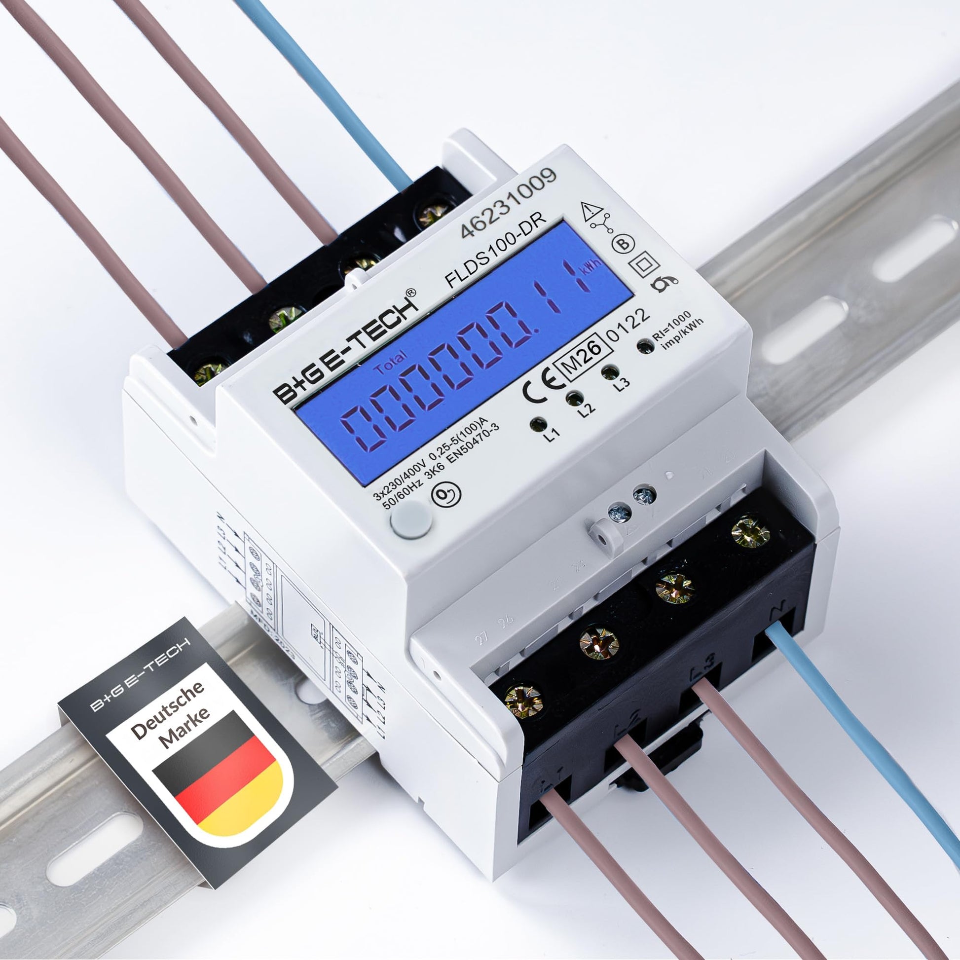 B+G E-Tech Drehstromzähler FLDS100-DR Hutschiene 100A MID mit blau beleuchtetem LCD