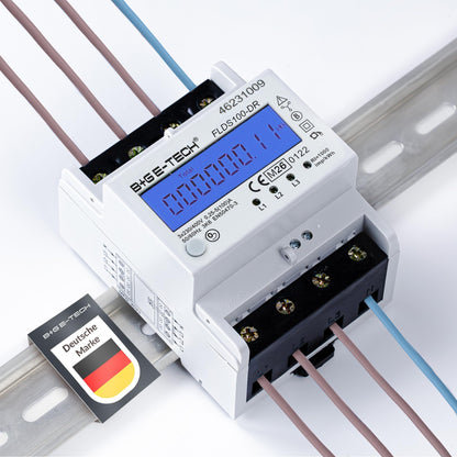 B+G E-Tech Drehstromzähler FLDS100-DR Hutschiene 100A MID mit blau beleuchtetem LCD