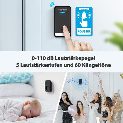 TECKNET Funkklingel kabellos, batterielose Türklingel mit Steckdose