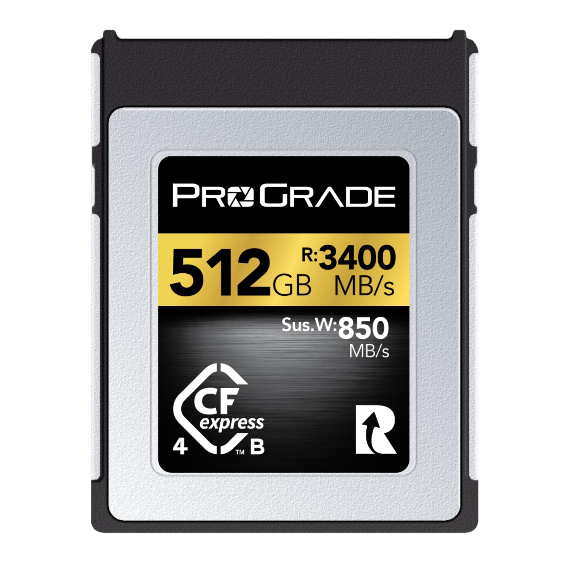 ProGrade Digital CFexpress 4.0 Typ B Speicherkarte - 512 GB Gold-Serie. Rechteckige, goldene Speicherkarte für extrem schnelle Datenübertragung in Kameras.