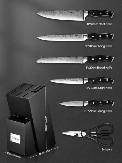 D.Perlla Messerblock 7-teilig, selbstschärfendes Messerset, schwarz