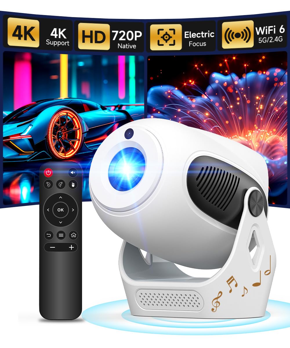 Magcubic Mini Beamer Projektor. Schwarzes, rechteckiges Gerät. Projiziert 4K-Inhalte mit elektrischem Fokus.