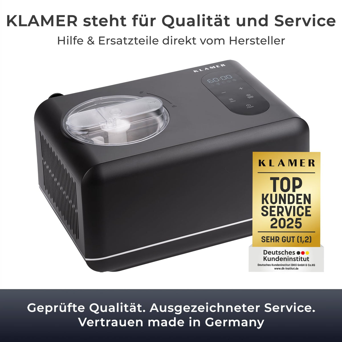 KLAMER Eismaschine 3-in-1 mit Kompressor, 1,5 L, 150 W –