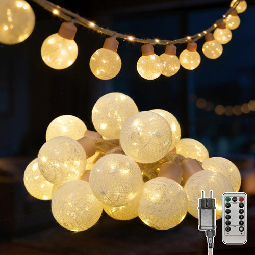 Ciskotu LED Lichterkette Baumwollkugeln, 8 m, 16 Kugeln, dimmbar – mehrfarbig, am Juteseil