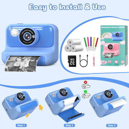 Hangrui H3 Kinderkamera Sofortbildkamera 1080P mit 32 GB Karte Blau