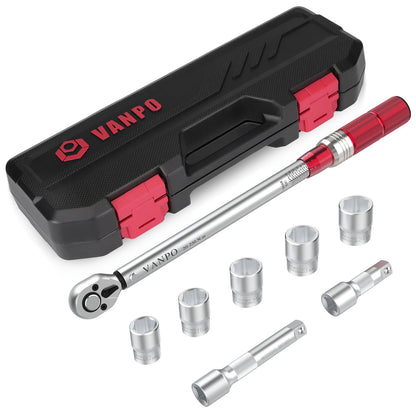 VANPO Drehmomentschlüssel 1/2 Zoll, 20-220 Nm, 8-teiliges Set aus Chrom-Vanadium-Stahl mit Stecknüssen