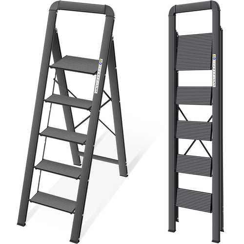KINGRACK Stufenleiter 5 Stufen klappbar, Aluminium, 150 kg, Schwarz – Haushaltsleiter mit Handlauf