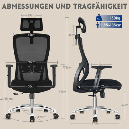 Durrafy Ergonomischer Bürostuhl Drehstuhl mit Kopfstütze - Schwarz