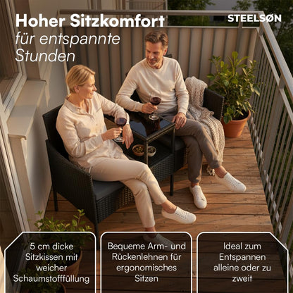 STEELSØN Velara Gartenbank mit Tisch, 2-Sitzer, Polyrattan, schwarz
