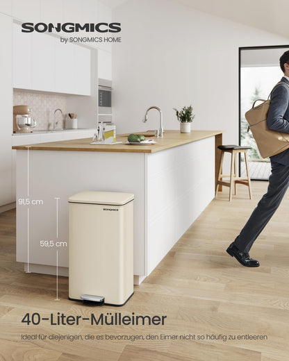 SONGMICS Tretmülleimer 40 Liter aus Stahl mit Softclose, sandbeige