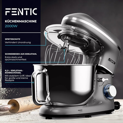 Fentic Küchenmaschine 2000W, 6.2L Edelstahl Rührschüssel - Anthrazit