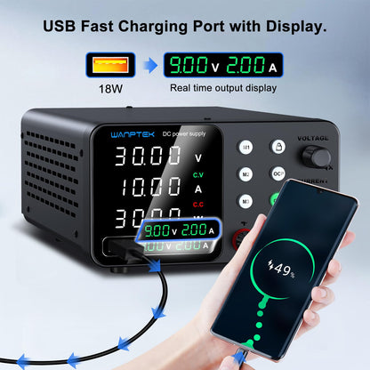 WANPTEK POWER Labornetzteil 30V 10A Labornetzgerät mit 3-Speicher und Sperrschlüssel, Netzgerät Regelbar mit OCP-Schutz/Ausgänge/USB-Schnellladung / 4-stellige LED-Anzeige