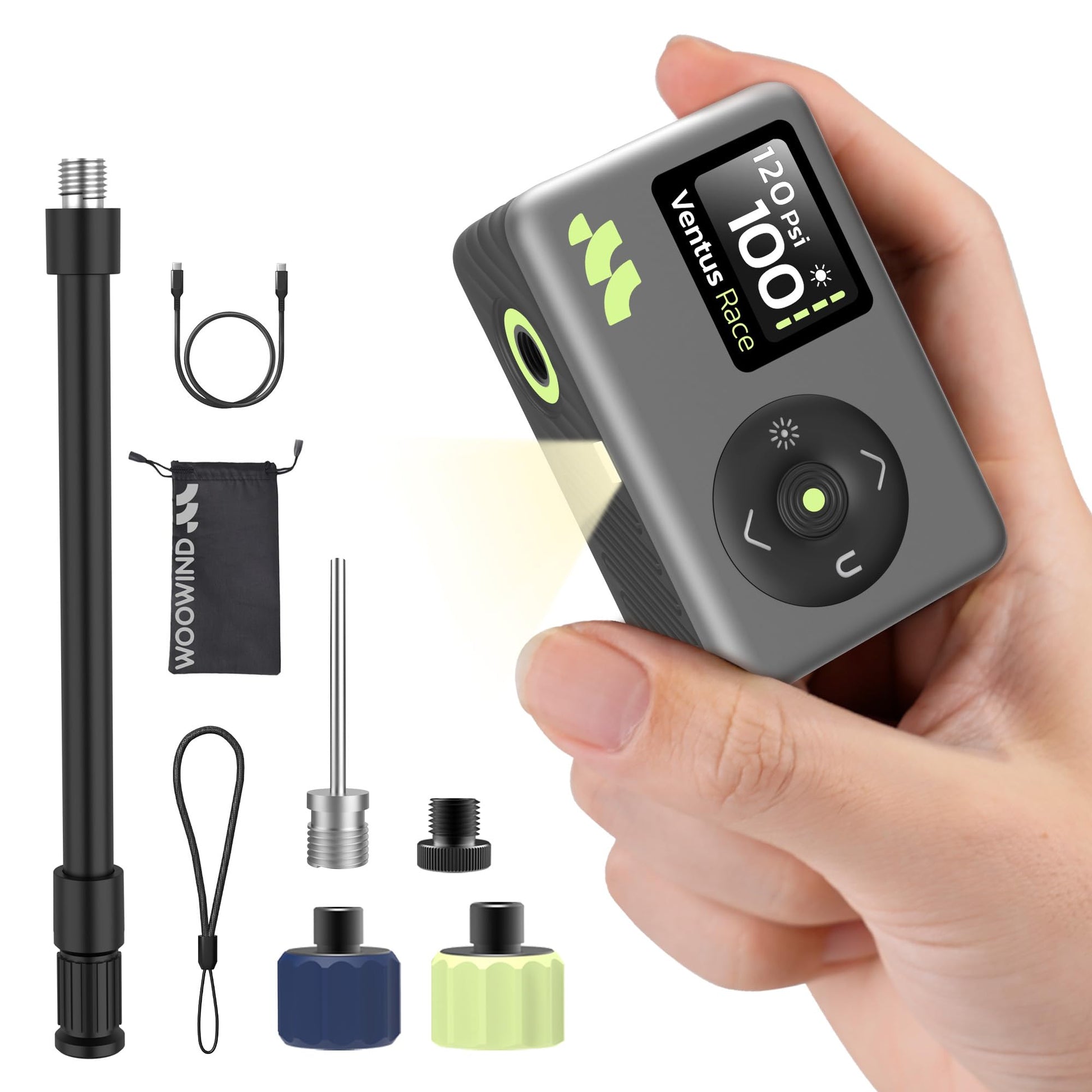 Woowind Ventus Race Elektrische Fahrradpumpe Mini Kompressor 120 PSI mit Digitalanzeige und LED-Licht