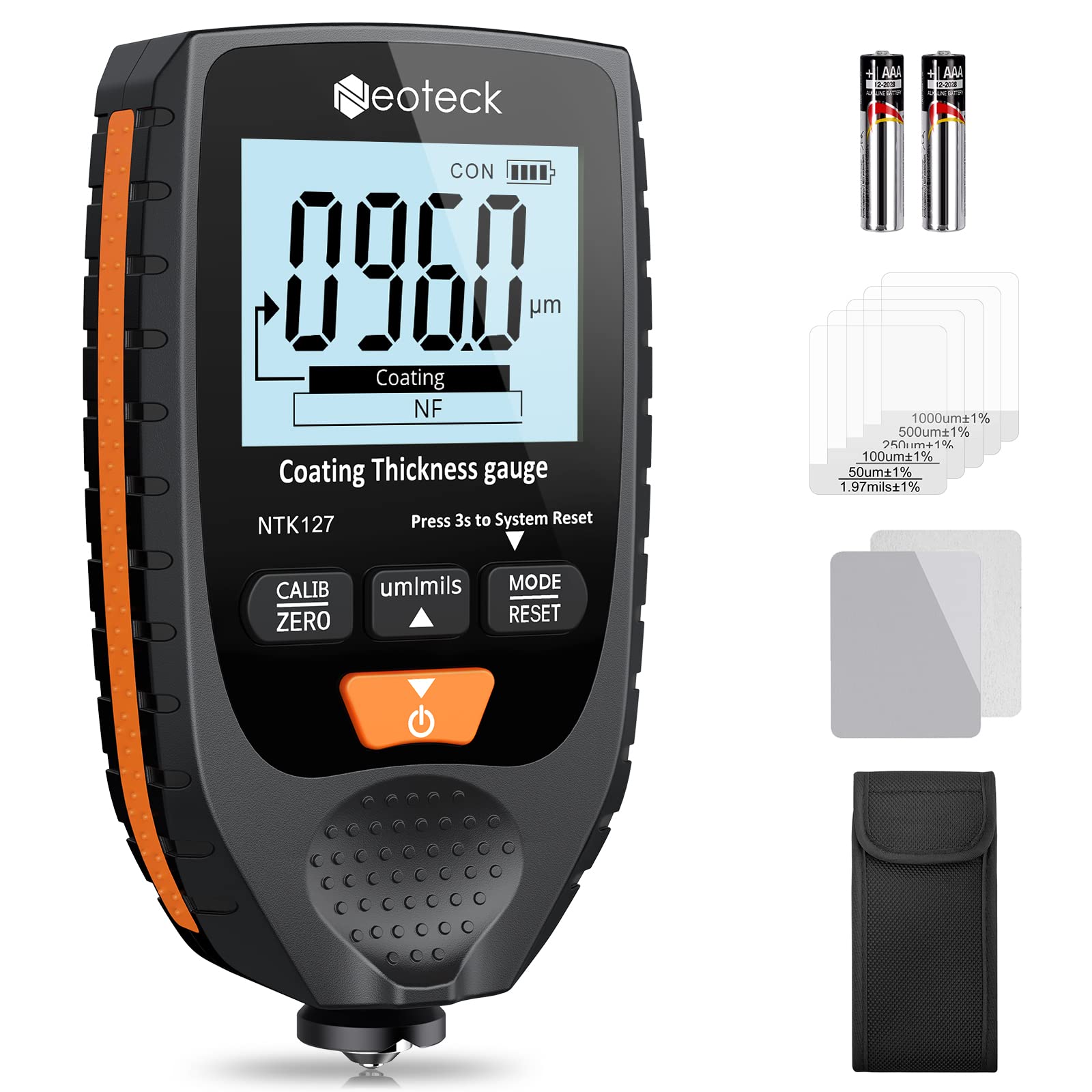 Neoteck Autolack Schichtdickenmessgerät Handheld LCD - Schwarzorange. Misst präzise Lackschichtdicken auf Kfz-Oberflächen.