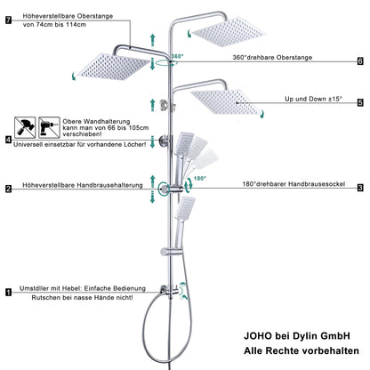 JOHO Duschsystem Regendusche Set ohne Armatur – Chrom 30x30cm eckig