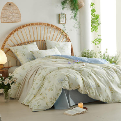 Sedefen Wende Bettwäsche Set - Baumwolle 220x240 Blumen Blau