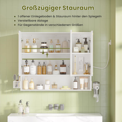 FORABAMB Spiegelschrank mit LED-Beleuchtung, 3 Türen, 80 cm, Weiss