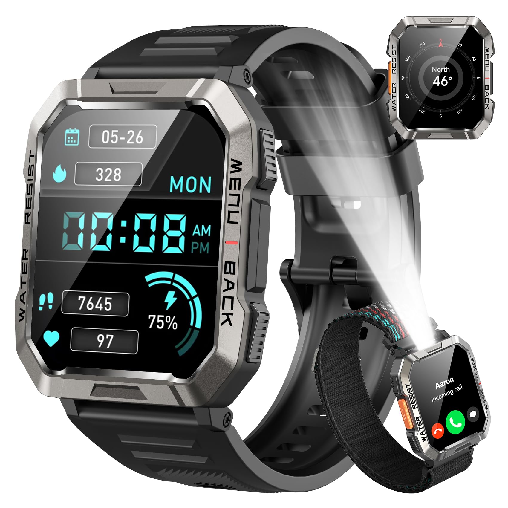 Baolubao W60 Smartwatch Herren Outdoor Sportuhr mit LED-Taschenlampe, HD-Touchscreen und Silikonarmband