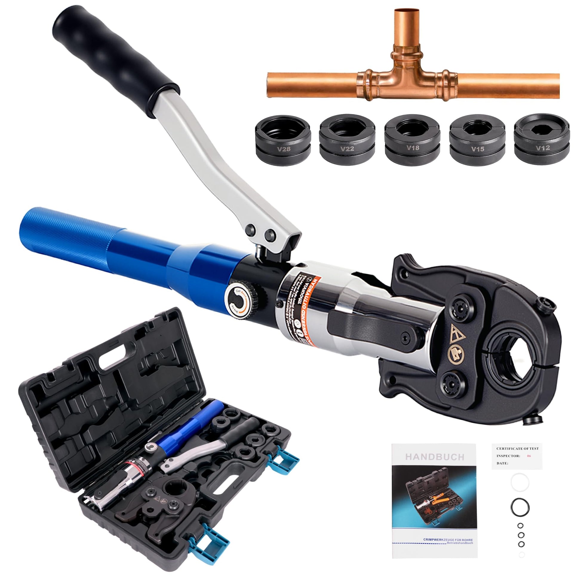 AMZCNC Profi Presszange HPZ hydraulisch - V-Kontur Set 12-28 mm. Metallisches Werkzeug. Zum kraftschlüssigen Verpressen von Kupfer- und Edelstahlrohren.