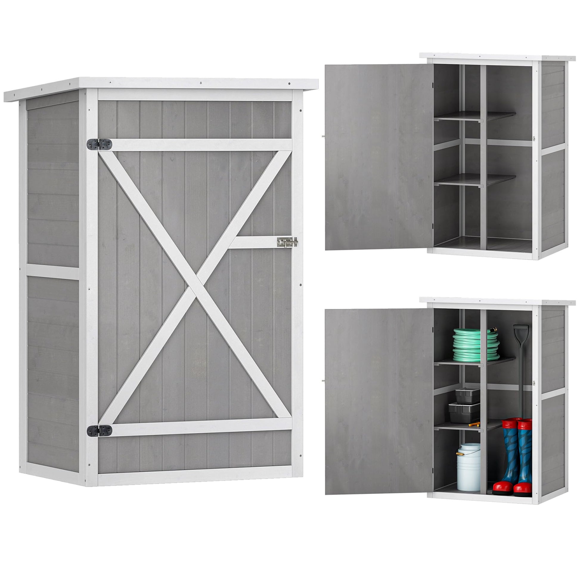 Outsunny Gartenschrank aus Tannenholz, wetterfest, 75x56x115 cm, Grau, mit geneigtem Asphaltdach und Tür