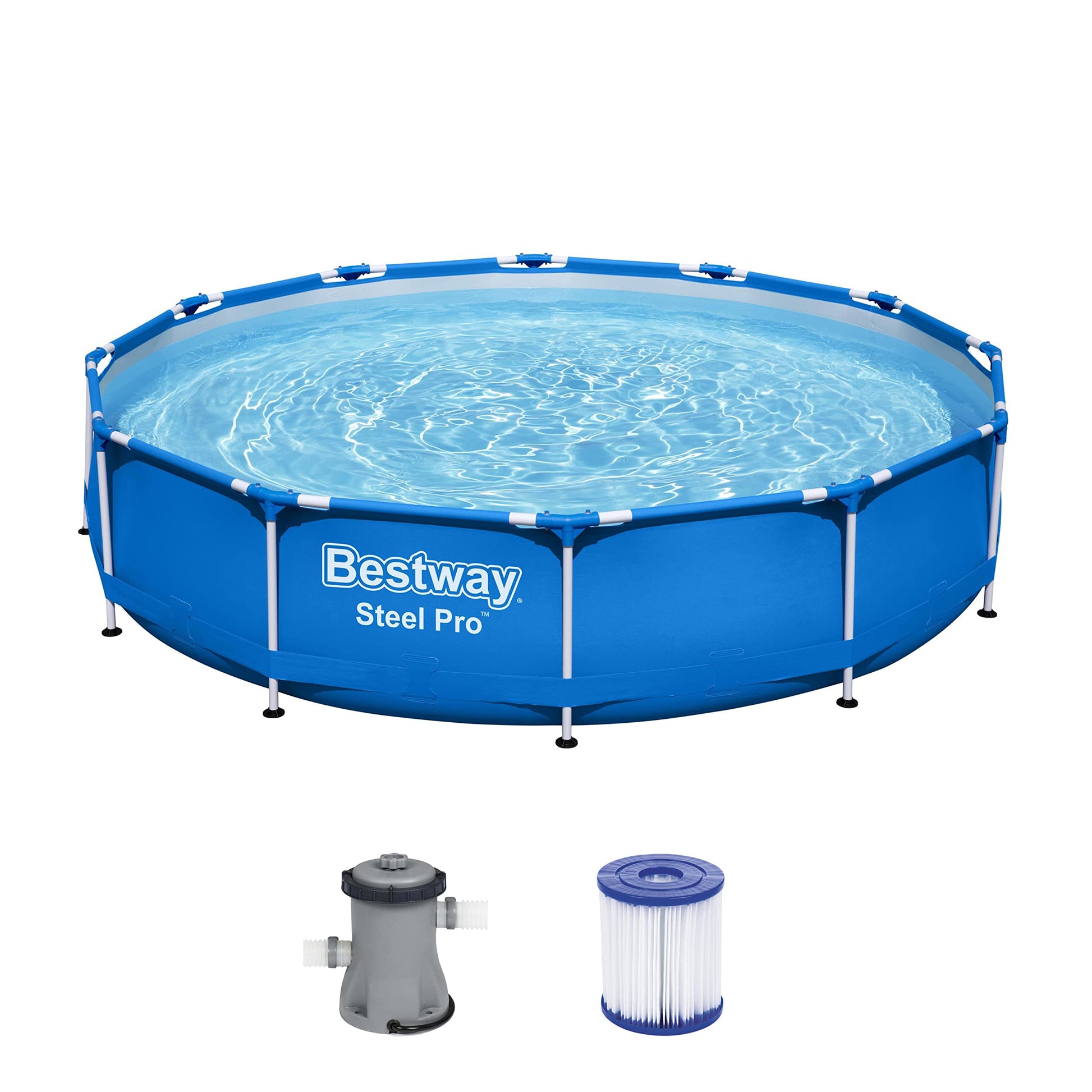 Bestway Steel Pro Frame Pool-Set Ø 366x76cm Blau, runder blauer Pool mit stabilem Stahlrahmen zur Erfrischung im Garten.