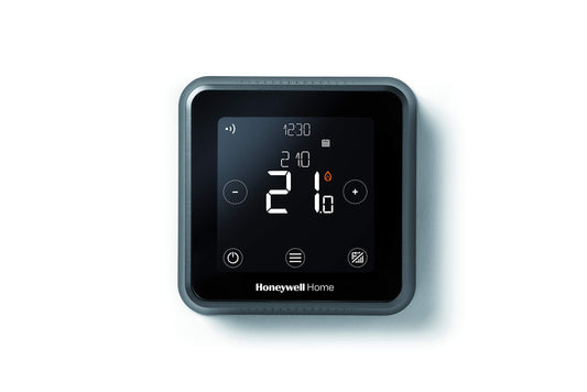Honeywell Home Lyric T6 Wi-Fi Raumthermostat - Schwarz. Quadratisch, mit Touch-Display zur smarten Heizungssteuerung per Wi-Fi.