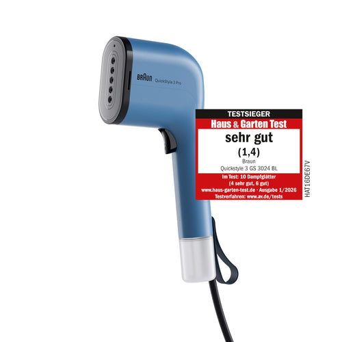 Braun QuickStyle 3 GS3024BL Dampfglätter, 1100 W, 120 ml Tank, Blau – kompakt, zum Glätten von Kleidung