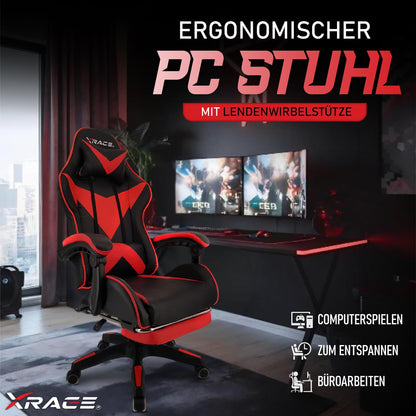 xRace Gaming Stuhl Ergonomischer Bürostuhl - Rot mit Fussstuetze