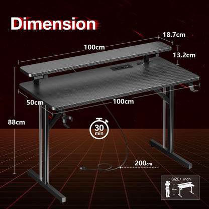 ODK Gaming Schreibtisch 100cm – LED, Steckdosen, Carbon Schwarz
