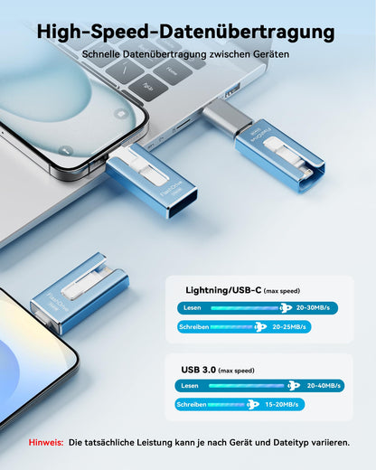 SUDEHO USB Stick 256 GB MFi Lightning/USB-C – Blau